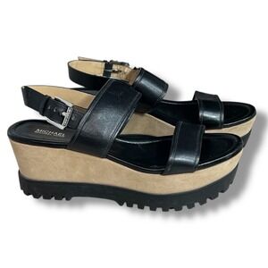 Michael Kors Gillian Black Leather Tan Suede Platform Wedge Sandals Women's 8.5M